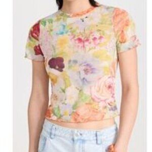 $195 Sz S/M Alice + Olivia Delaina Short Sleeve Lettuce Trim Crop Top Blouse